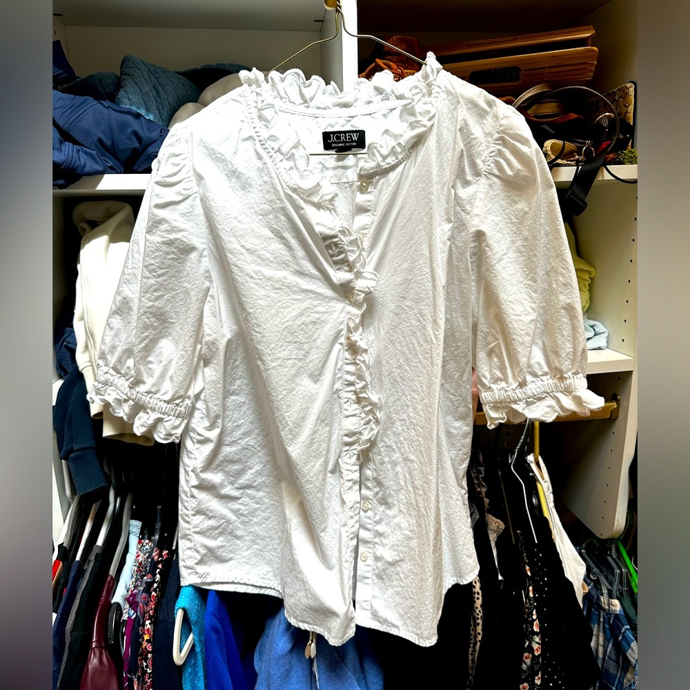 J. Crew White Puff Sleeve Ruffled Blouse